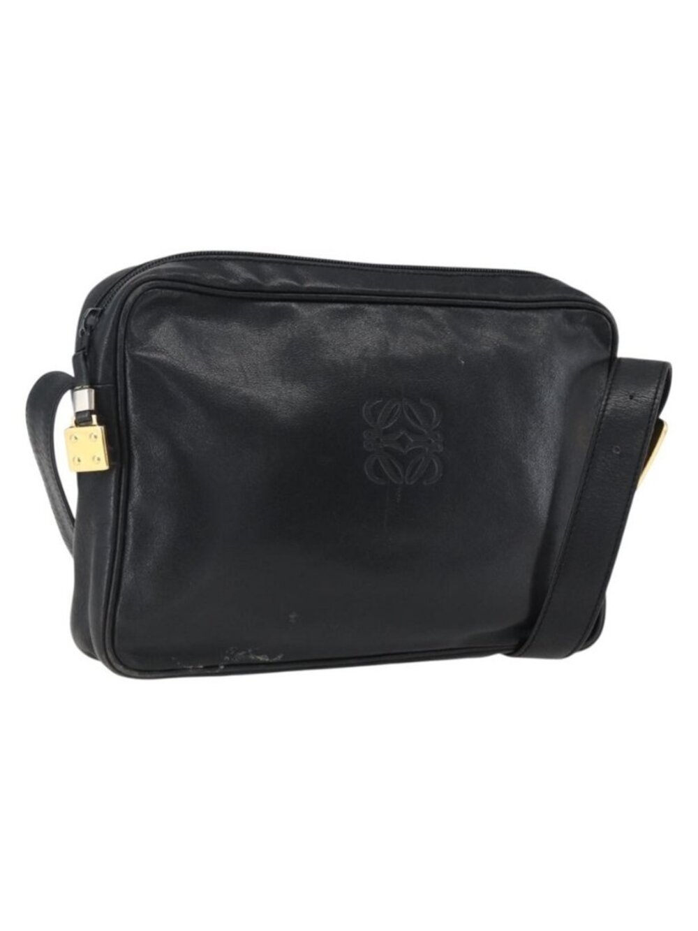 Authentic LOEWE Anagram Shoulder Bag Leather Black Gold